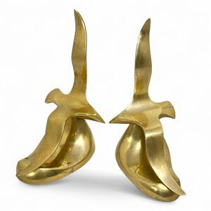 VTG Brass Seagull Bookends Pair Birds in Flight Sculptures 7" Figurine Decor MCM